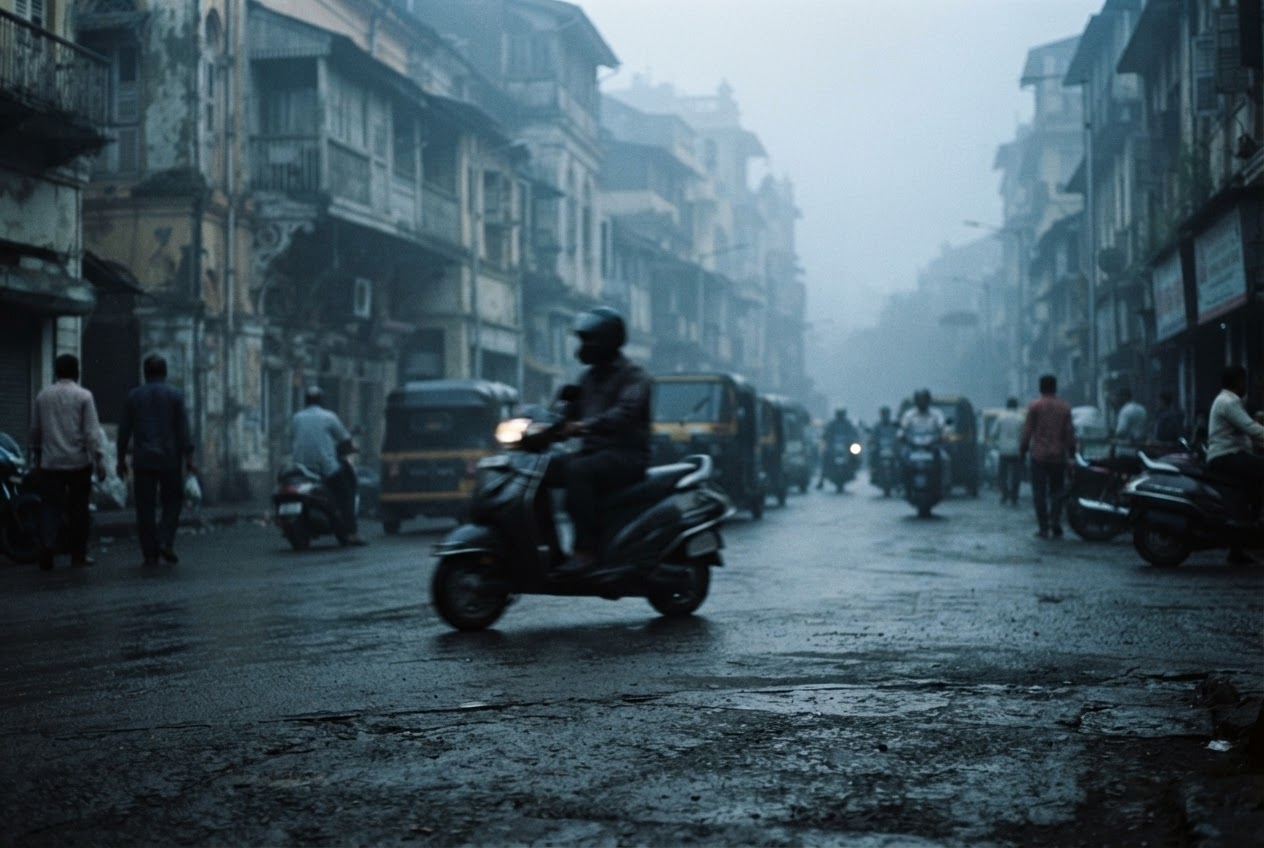 A hazy Mumbai street at dawn