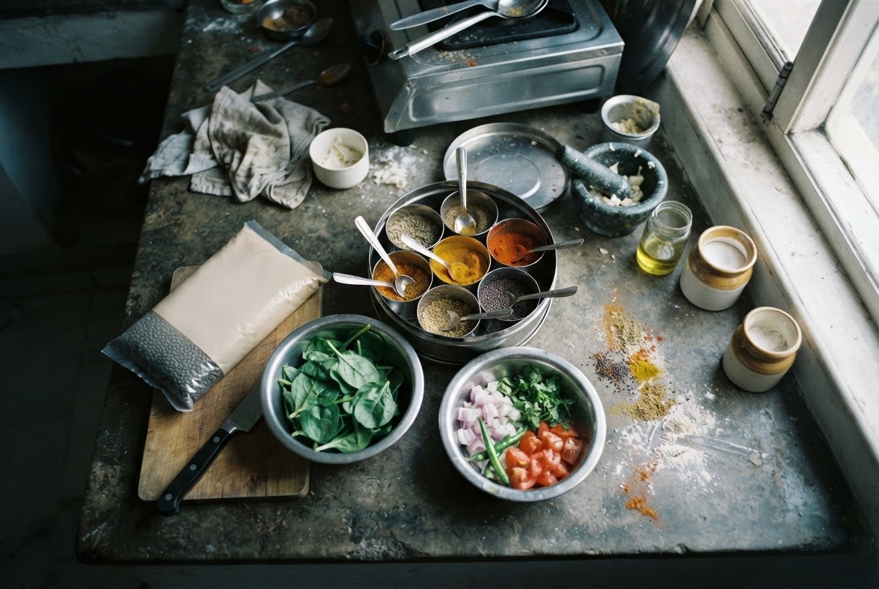 An Indian kitchen counter mid-preparation