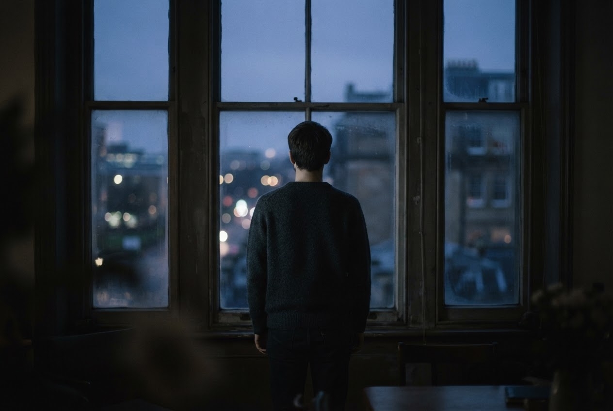 A person at a window in low evening light